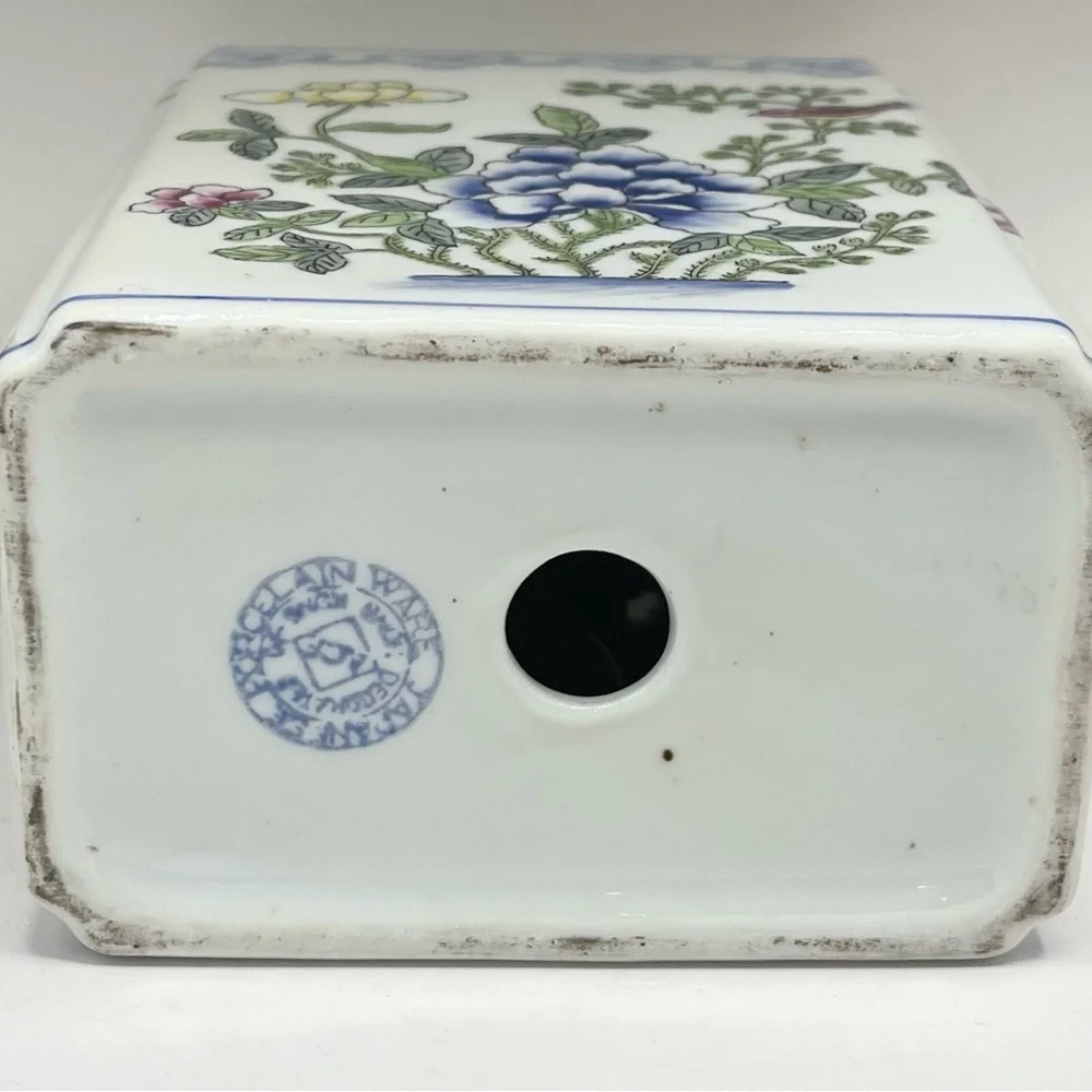 VTG Butterfly Floral Design Japanese Porcelain Ware Flower Frog Brick 3x5x6” EUC